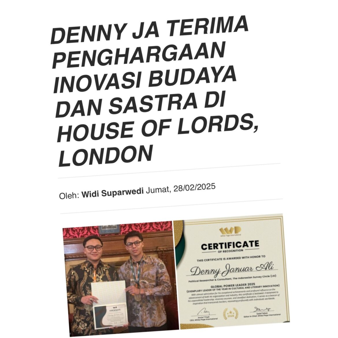 DENNY JA TERIMA PENGHARGAAN INOVASI BUDAYA DAN SASTRA DI HOUSE OF LORDS, LONDON