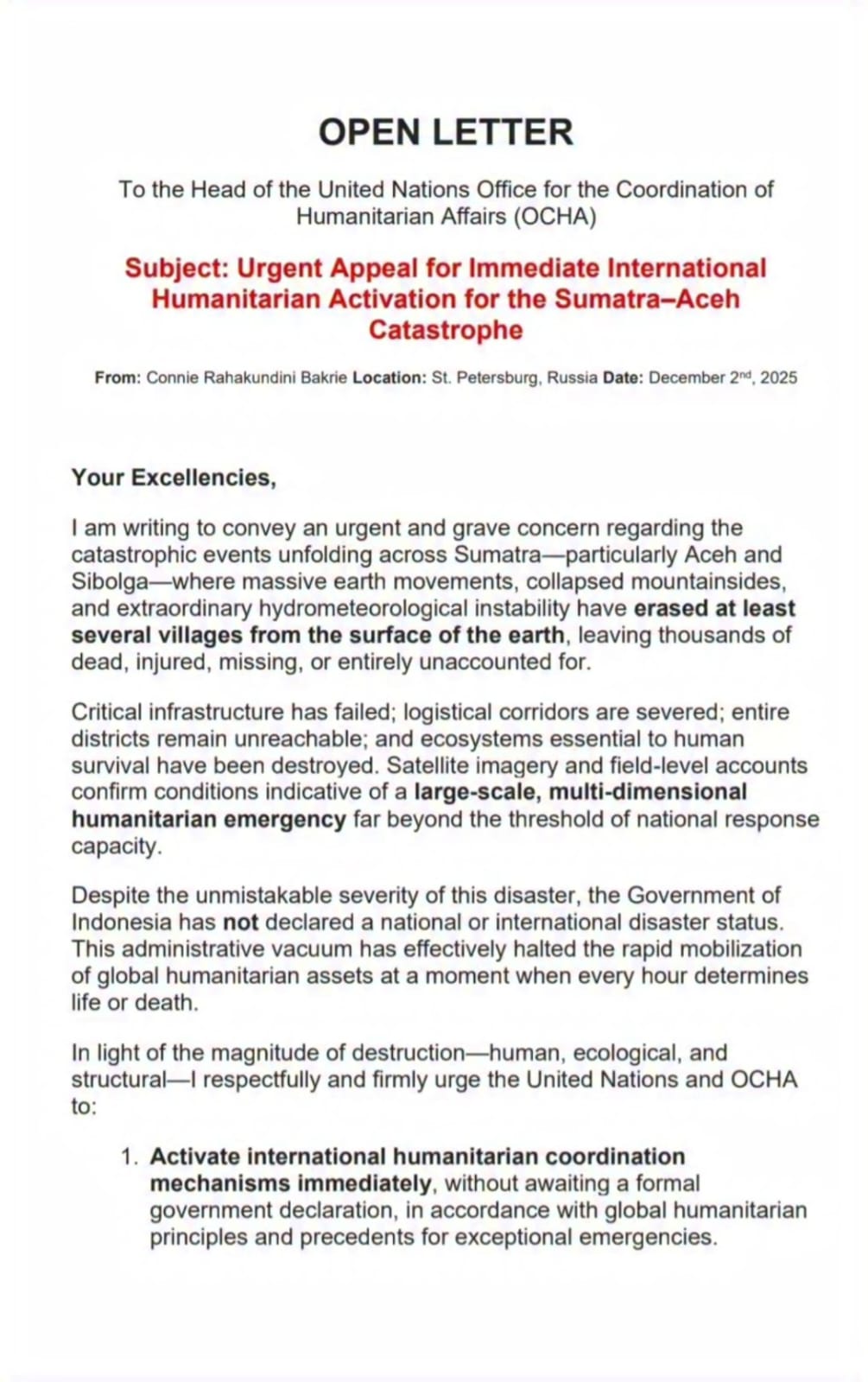 Surat Terbuka Prof. Connie Rahakundini Bakrie kepada Kepala OCHA PBB Terkait Permintaan Bantuan Internasional untuk Sumatra dan Aceh